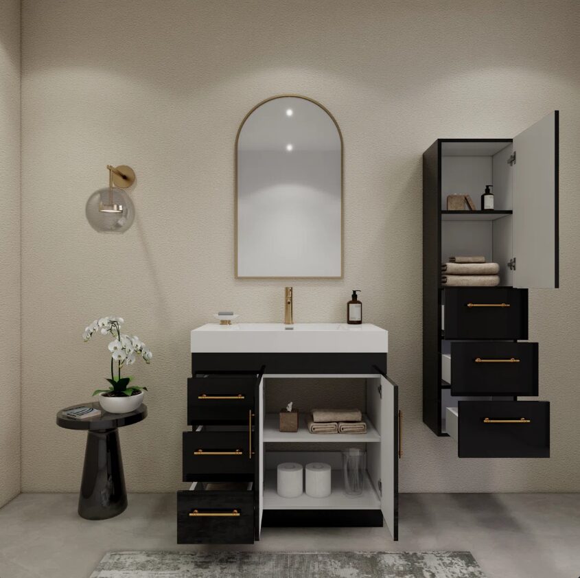 36 Inch High Gloss Black Single Sink Bathroom Vanity Solid Surface Top Soft Close Drawers Gold Hardware
