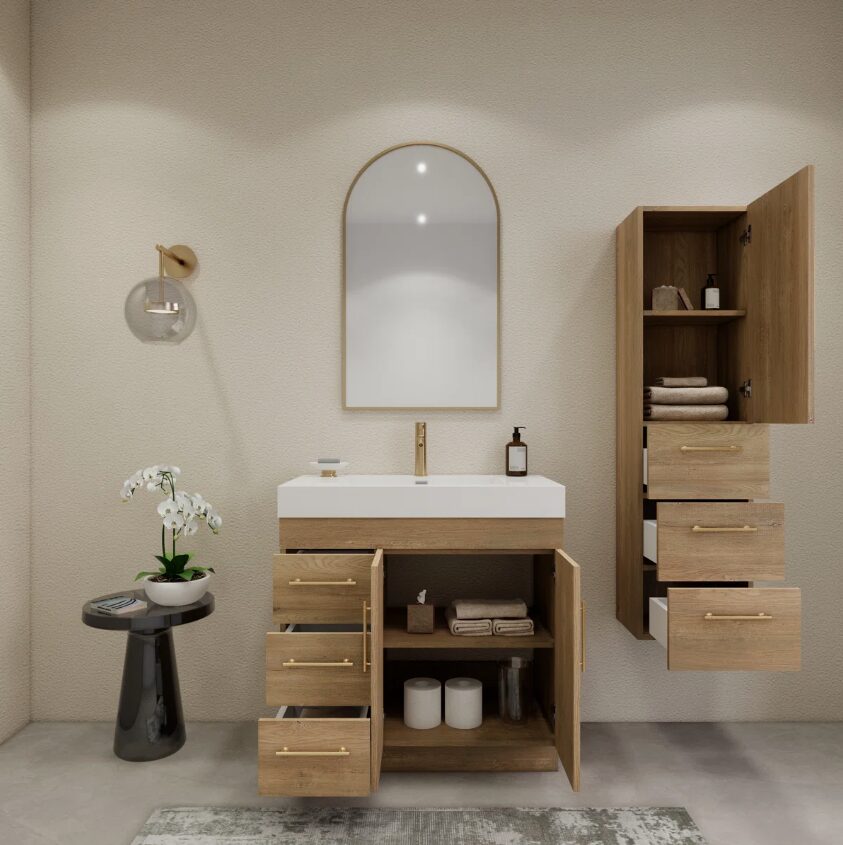 5 Modern Freestanding Oak Bathroom Vanity with 3 Drawers & Double Storage Doors