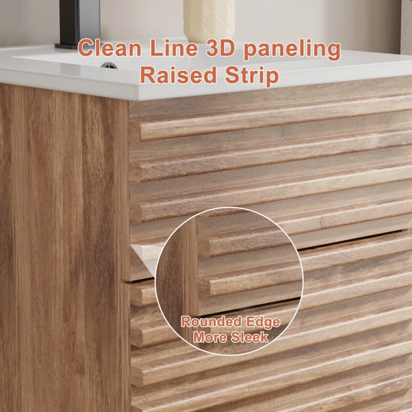 5 36 Inch 3D Fluted Wood Bathroom Vanity with Integrated White Sink Soft Close Doors
