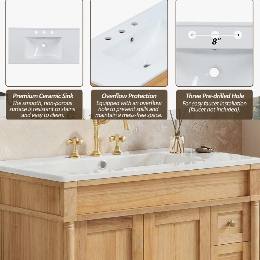 36 Inch Natural Solid Wood Farmhouse Single Sink Bathroom Vanity with Ceramic Sink & Gold Knobs