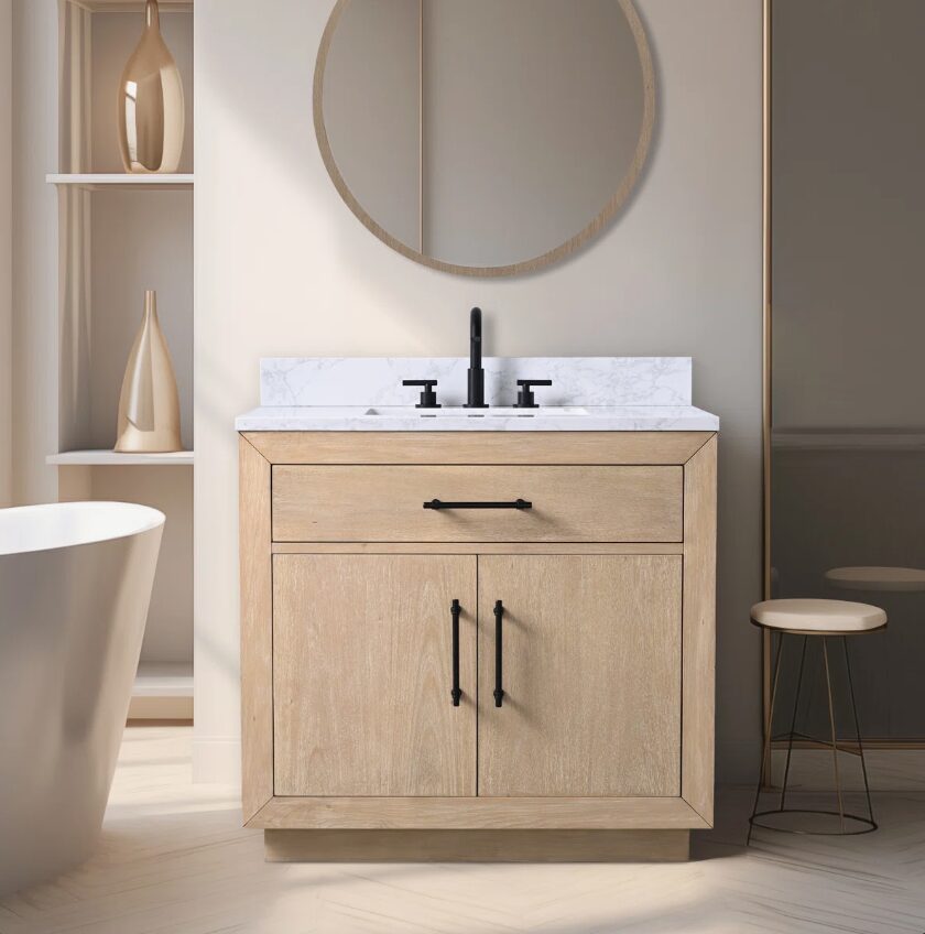 5 36 Inch Light Oak Single Sink Bathroom Vanity White Marble Countertop Soft Close Doors