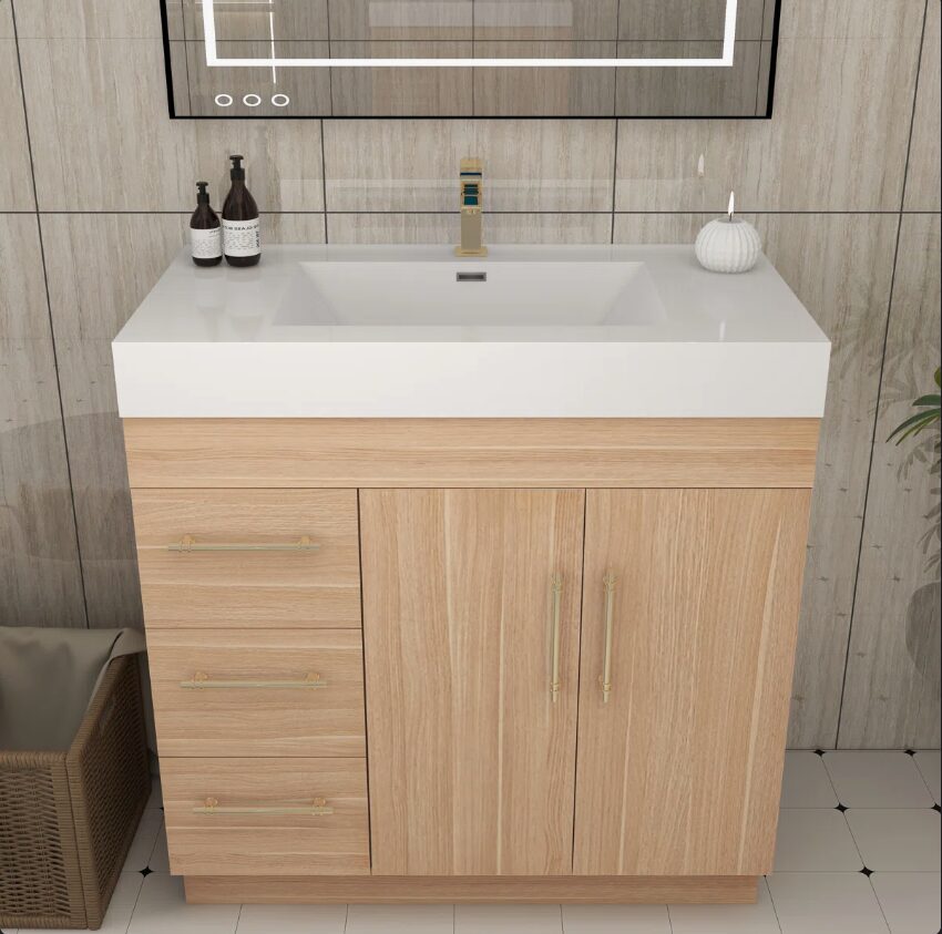 5 36 Inch Light Oak Single Sink Bathroom Vanity Integrated Solid Surface Top Soft Close Drawers & Doors