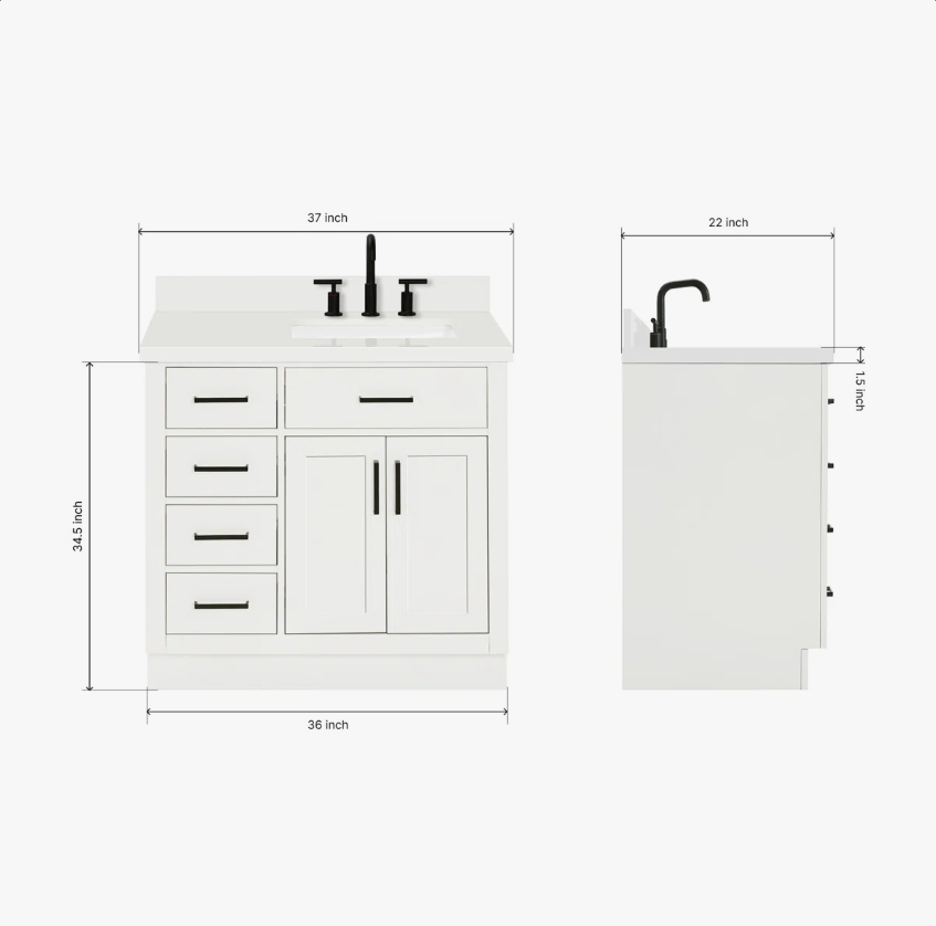 5 36 Inch White Shaker Single Sink Bathroom Vanity White Quartz Top Soft Close Drawers Matte Black Hardware