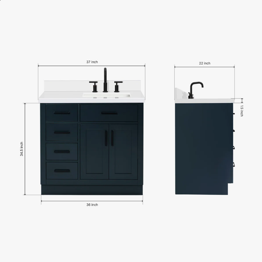 5 36 Inch Navy Blue Shaker Single Sink Bathroom Vanity White Quartz Top Soft Close Drawers Matte Black Hardware