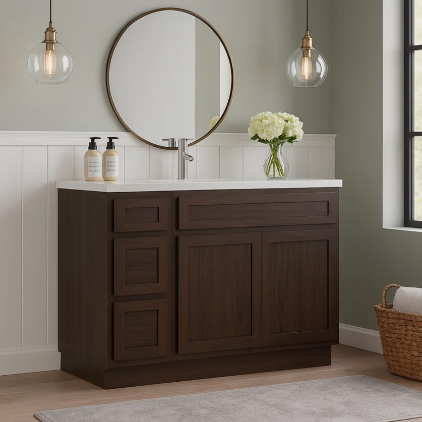 5 Modern Dark Walnut Shaker Vanity Base Cabinet for Custom Countertop Bathroom Remodel