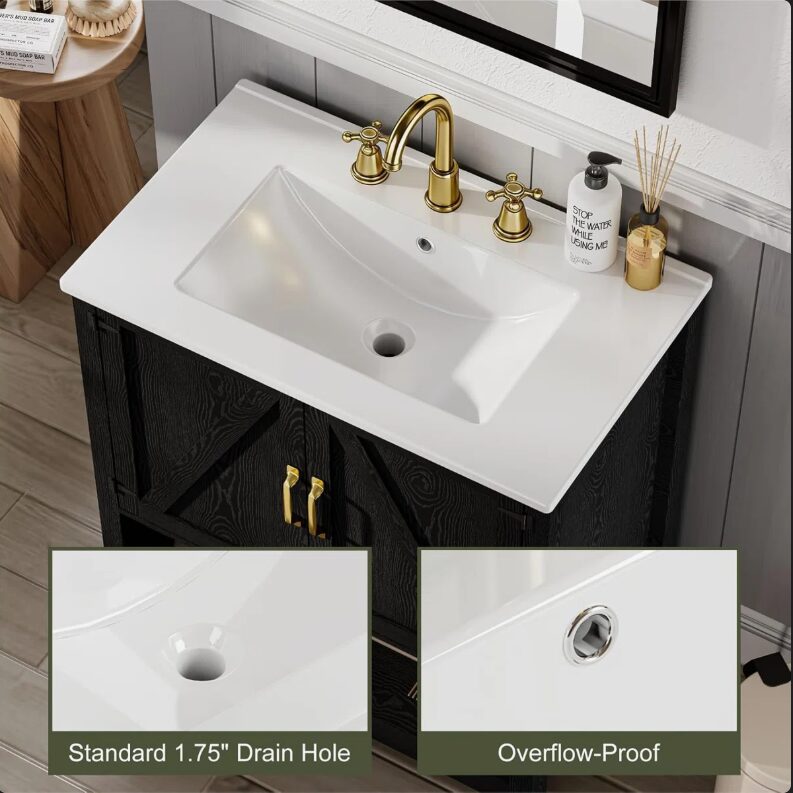 30 Inch Black Farmhouse Barn Door Single Sink Bathroom Vanity with RGB LED Light & Over-the-Door Storage