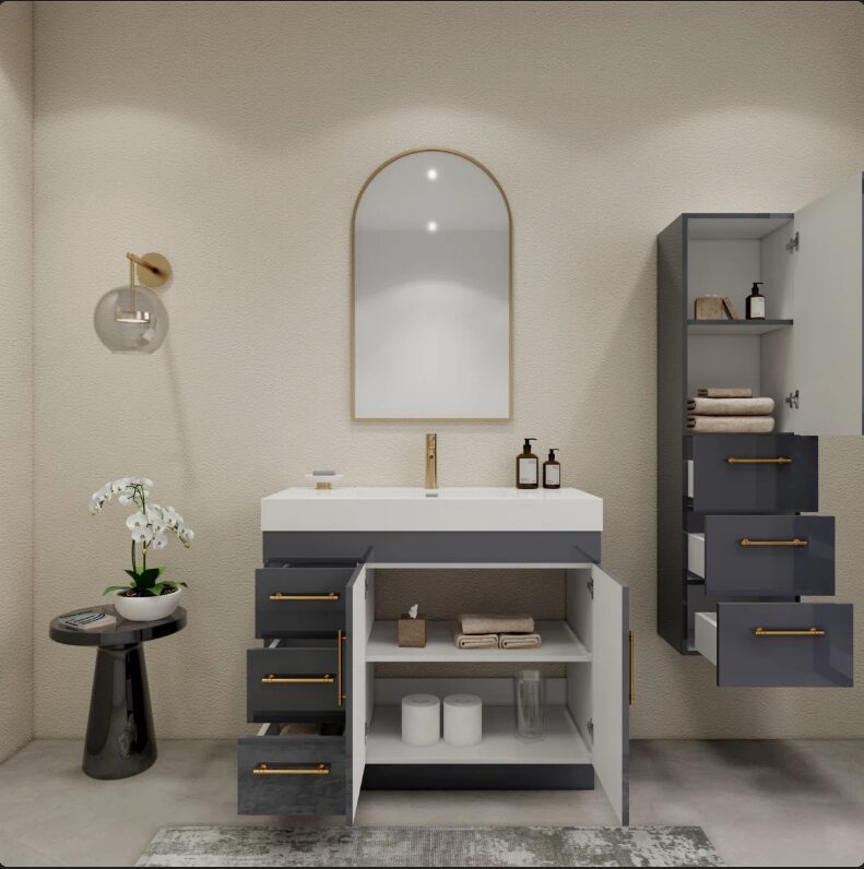 5 Modern High Gloss Gray Bathroom Vanity with Integrated White Solid Surface Sink Top