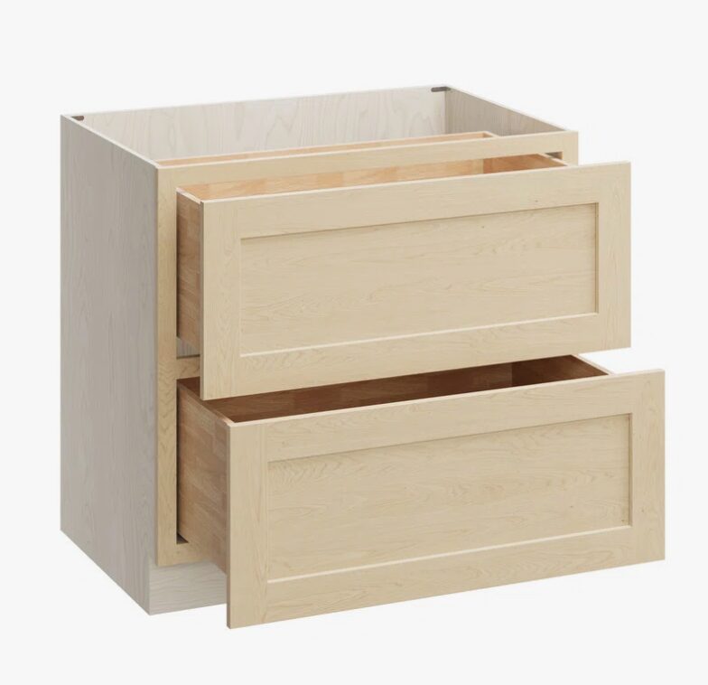 Freestanding Raw Maple Shaker Drawer Base Cabinet, Solid Wood Drawer Boxes for Kitchen Storage