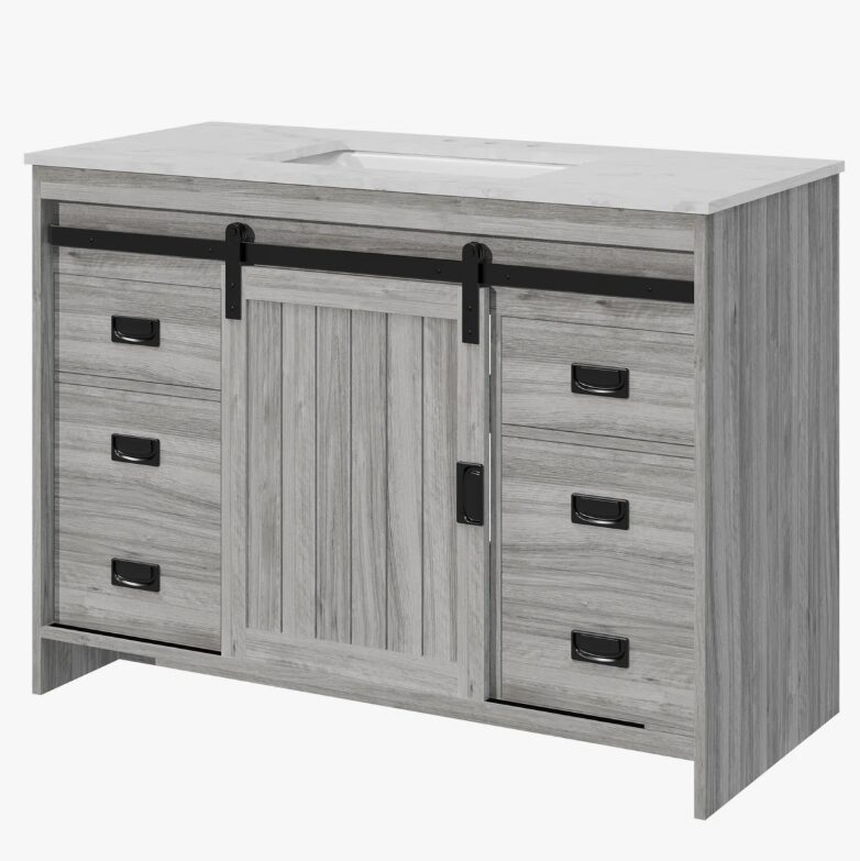 48" Grey Wood Farmhouse Bathroom Vanity with Single Sink Top for Master Bath Remodel