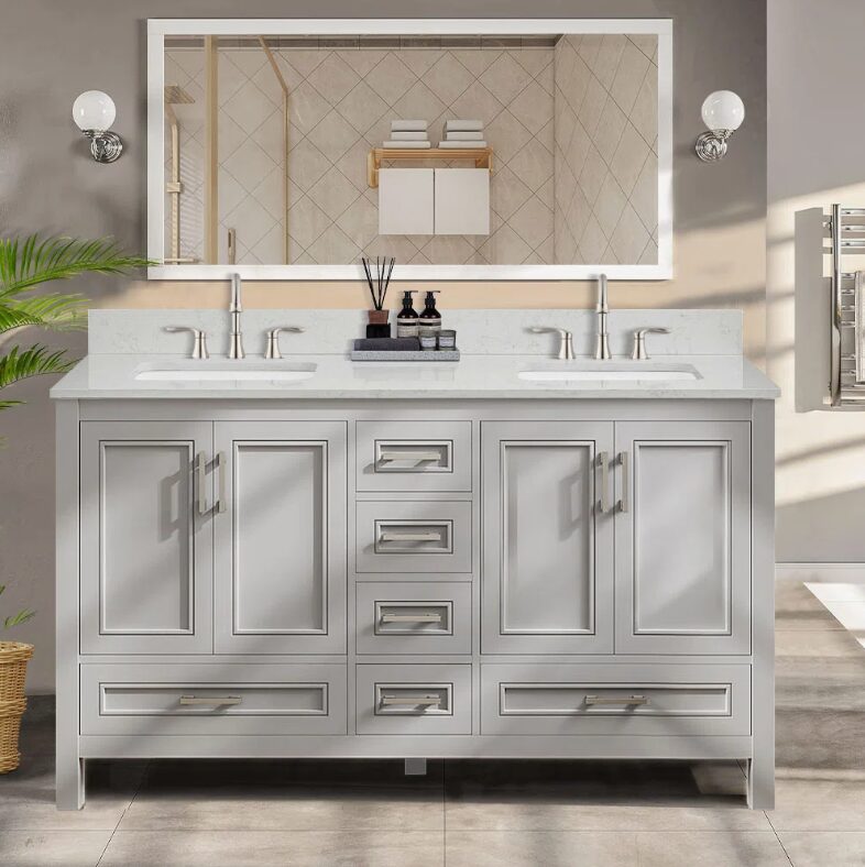 60 Inch Light Gray Shaker Double Sink Bathroom Vanity, Soft Close Doors & Drawers, White Quartz Countertop Combo