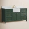 60 Inch Dark Green Farmhouse Single Farm Sink Bathroom Vanity, White Quartz Top & Brushed Gold Hardware