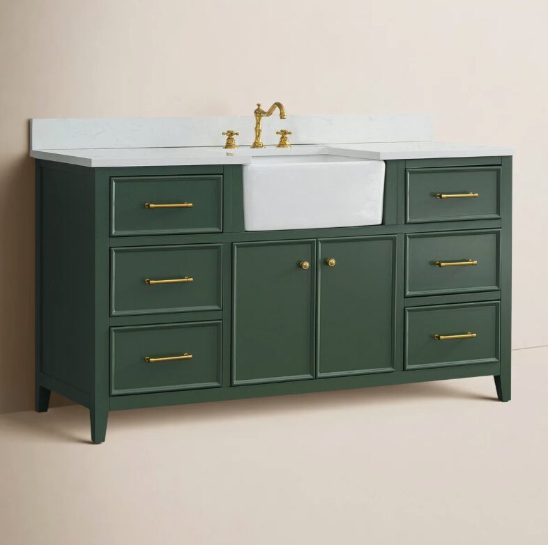 60 Inch Dark Green Farmhouse Single Farm Sink Bathroom Vanity, White Quartz Top & Brushed Gold Hardware