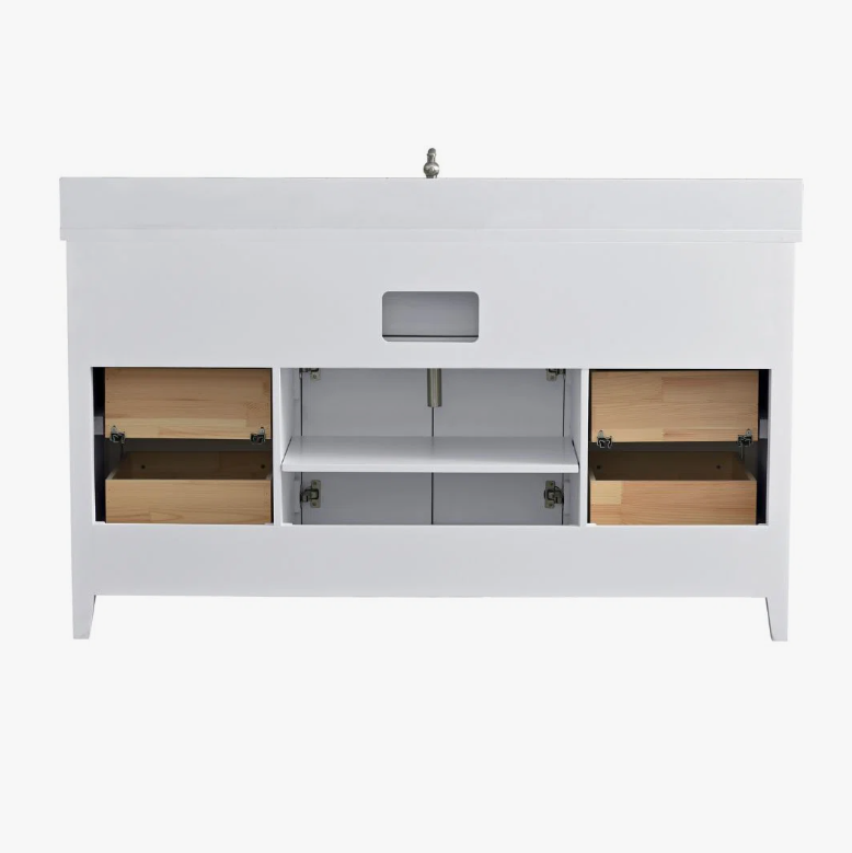 60 Inch White Farmhouse Apron Front Single Sink Bathroom Vanity, White Quartz Countertop & Brushed Nickel Hardware