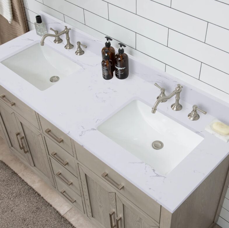 60 Inch Weathered Oak Double Undermount Sink Bathroom Vanity, White Marble Vein Quartz Top & Brushed Nickel Hardware