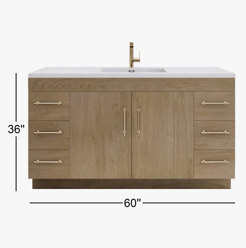 60 Inch Natural Oak Freestanding Single Undermount Sink Bathroom Vanity, White Quartz Top & Brushed Gold Hardware