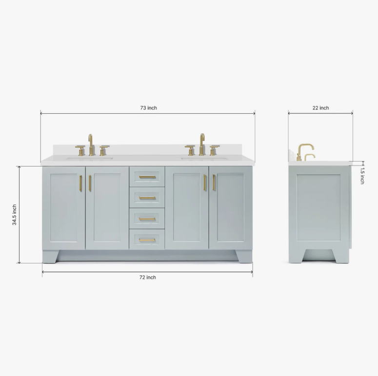 72 Inch Light Gray Shaker Double Undermount Sink Bathroom Vanity, White Quartz Countertop & Brushed Gold Hardware