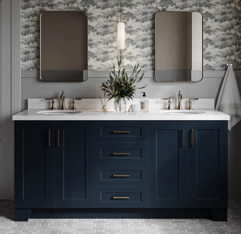 72 Inch Navy Blue Shaker Double Undermount Sink Bathroom Vanity, White Quartz Countertop & Brushed Gold Hardware
