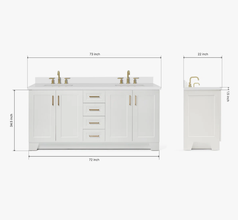 72 Inch White Shaker Double Undermount Sink Bathroom Vanity, White Quartz Countertop & Brushed Gold Hardware