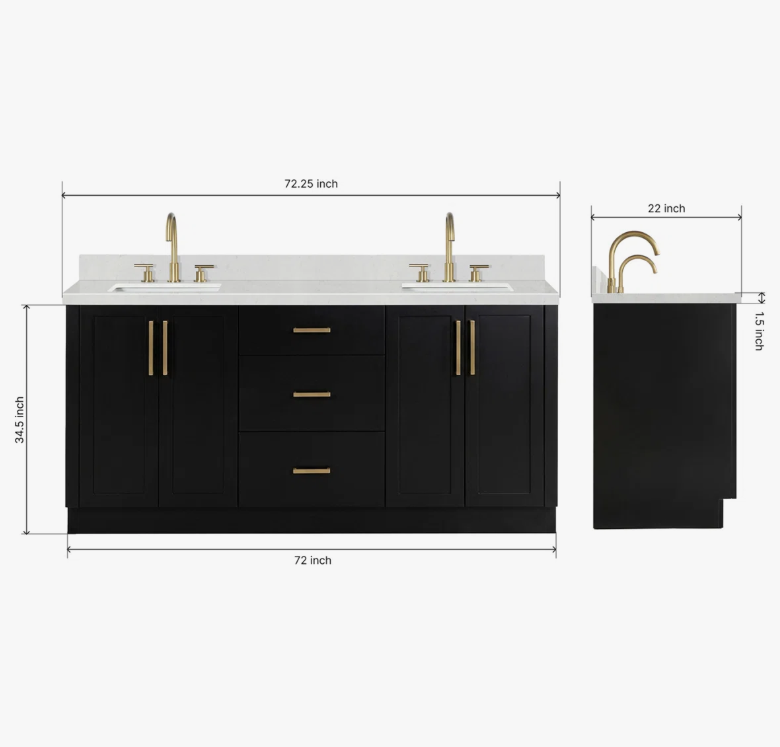 72 Inch Matte Black Shaker Double Undermount Sink Bathroom Vanity, White Marble Vein Quartz Top & Brushed Gold Hardware