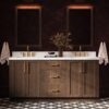 5 72 Inch Walnut Oak Shaker Double Undermount Sink Bathroom Vanity, White Quartz Countertop & Brushed Gold Hardware