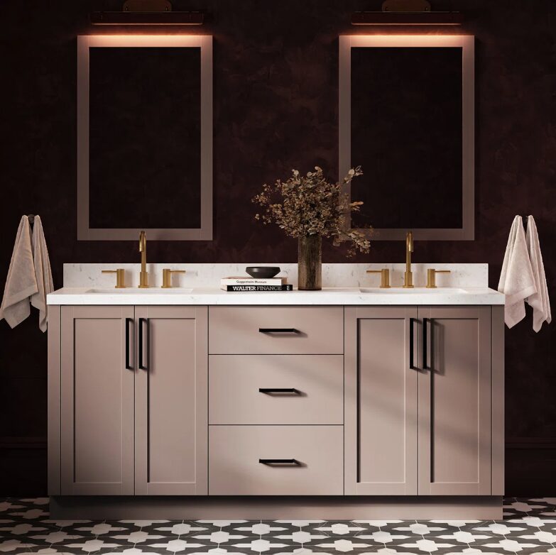 72 Inch Dusty Pink Shaker Double Undermount Sink Bathroom Vanity, White Quartz Countertop & Matte Black Hardware
