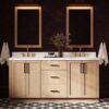 72 Inch Natural Oak Shaker Double Undermount Sink Bathroom Vanity, White Quartz Countertop & Matte Black Hardware