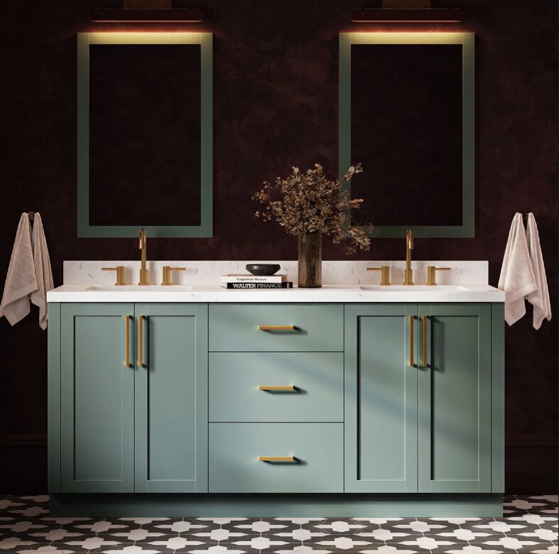 5 72 Inch Sage Green Shaker Double Undermount Sink Bathroom Vanity, White Quartz Countertop & Brushed Gold Hardware