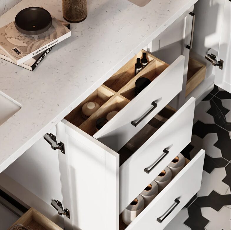 5 72 Inch Pure White Shaker Double Undermount Sink Bathroom Vanity, White Quartz Countertop & Matte Black Hardware