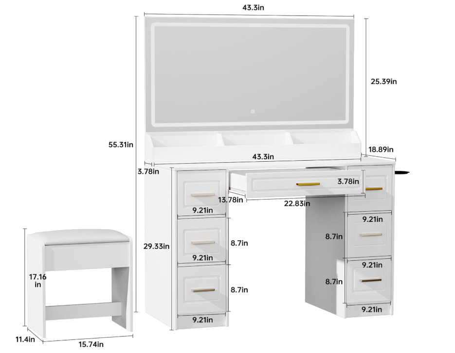 5 White LED Makeup Vanity Table with 7 Drawers & Stool