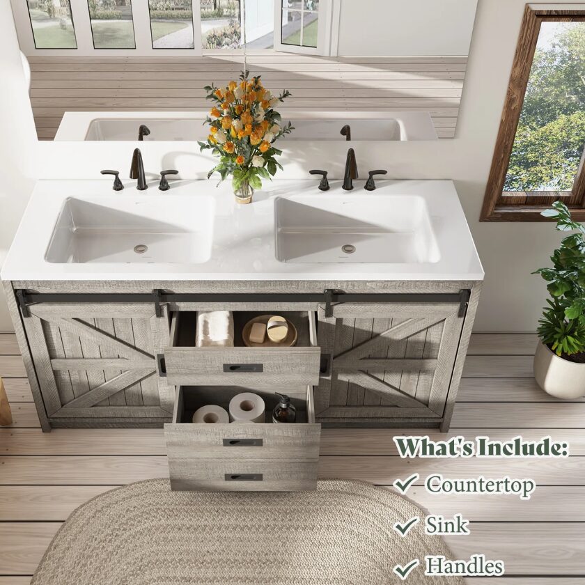 6 Rustic Grey Wood Double Vanity Cabinet with Storage Drawers