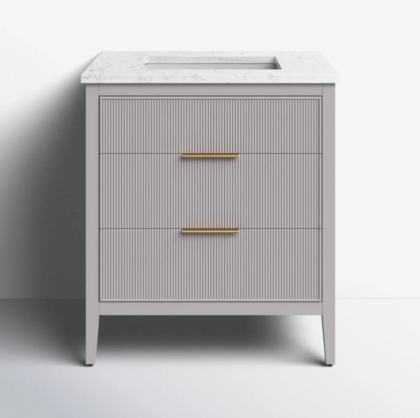 6 Soft Grey Reeded Bath Vanity with Brushed Gold Pull Handles