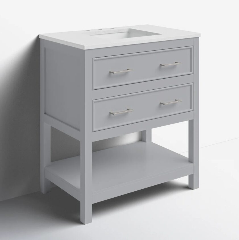 6 Light Gray Open Shelf Bathroom Vanity with White Quartz Countertop