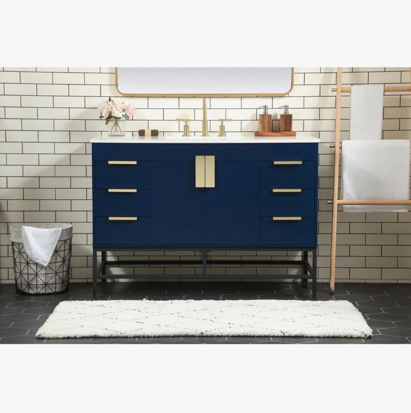 48 Inch Navy Blue Freestanding Bathroom Vanity with Gold Hardware
