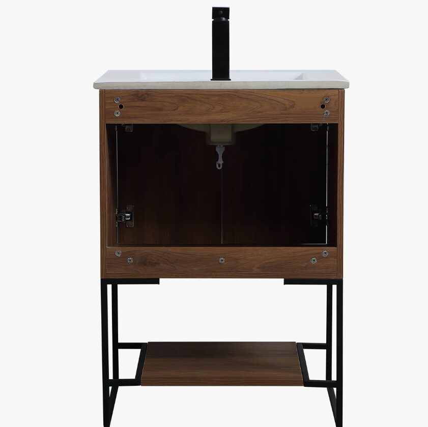 6 24 Inch Walnut Wood Industrial Freestanding Bathroom Vanity with Black Metal Frame