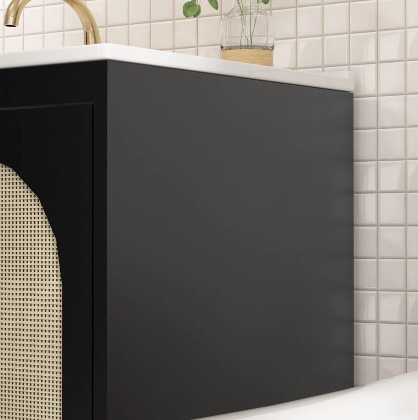 6 30 Inch Black Mid-Century Rattan Freestanding Single Sink Bathroom Vanity with Gold Knobs