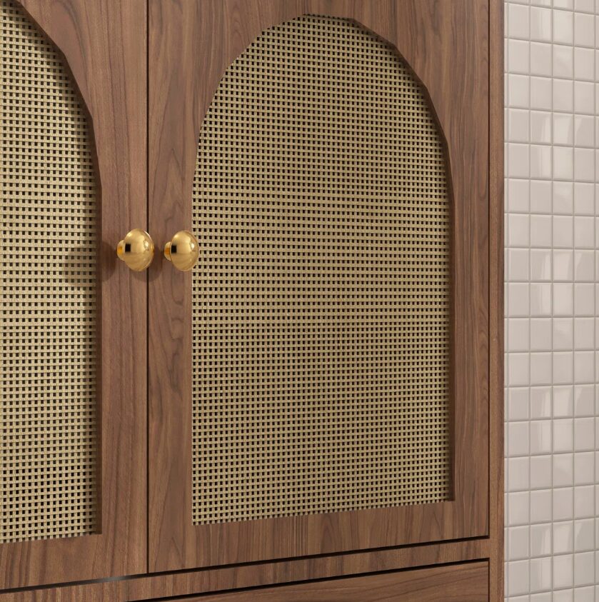 6 30 Inch Walnut Mid-Century Rattan Single Sink Bathroom Vanity with Gold Knobs