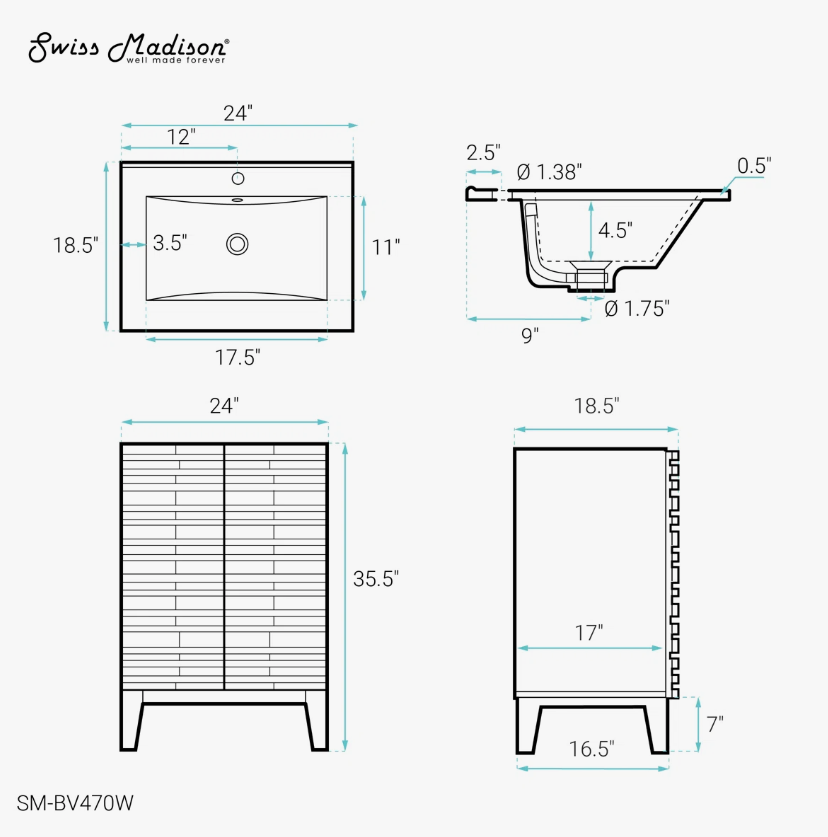 6 24 Inch White Cascade Slatted Mid-Century Freestanding Single Sink Bathroom Vanity