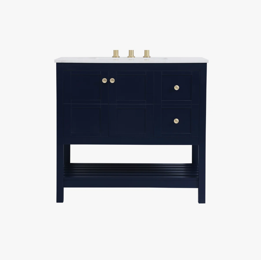 36 Inch Navy Blue Shaker Farmhouse Bathroom Vanity with Marble Top & Slatted Shelf