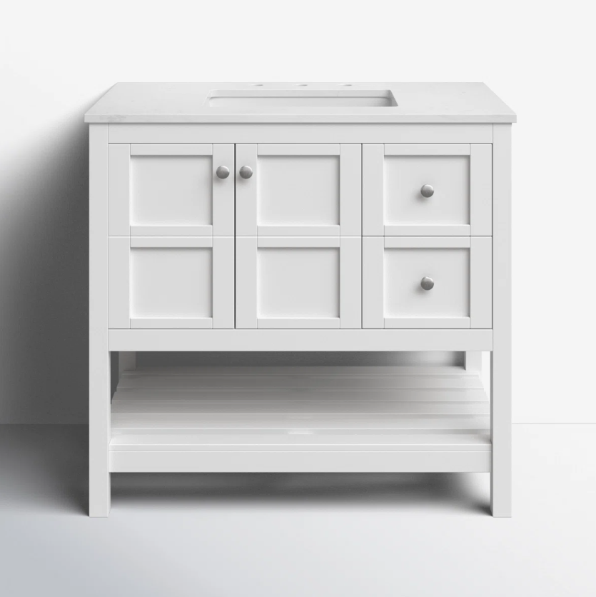 6 36 Inch White Shaker Farmhouse Freestanding Bathroom Vanity with Marble Top & Slatted Shelf