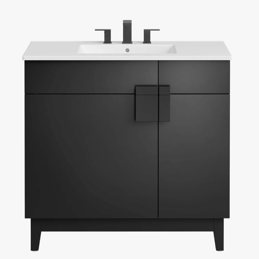 36 Inch Matte Black Modern Freestanding Bathroom Vanity with White Ceramic Sink & Geometric Handles