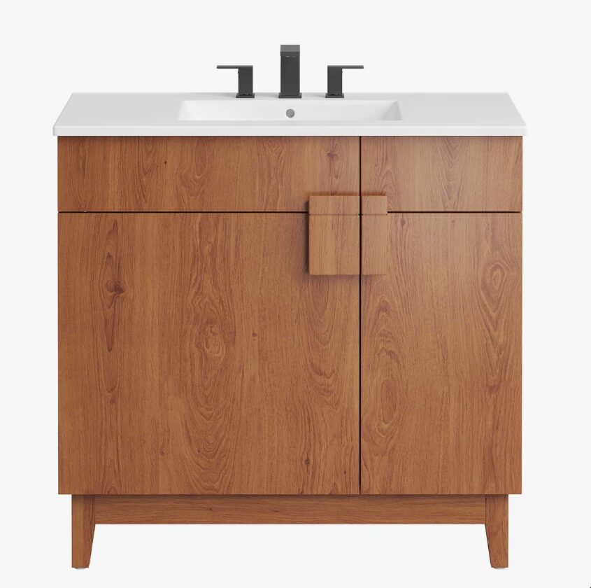 Mid-Century Walnut Single Sink Vanity Cabinet with 2 Doors & Dual Top Drawers