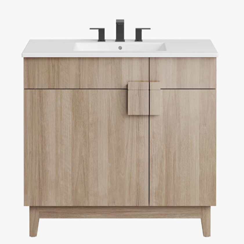Minimalist Oak Single Sink Vanity Cabinet with 2 Doors & 2 Top Storage Drawers