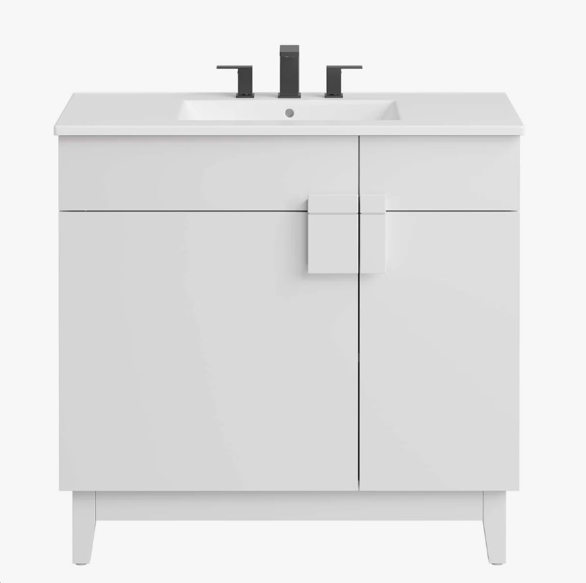 Minimalist White Single Sink Vanity Cabinet with 2 Doors & Dual Top Storage Drawers