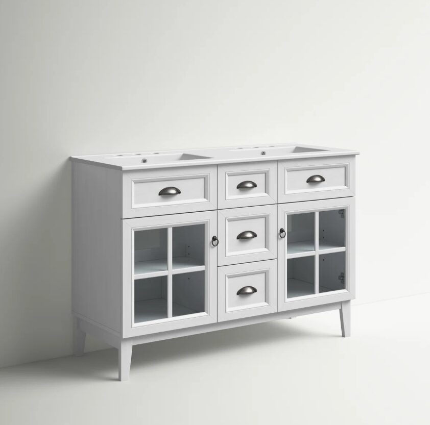 6 Traditional White Double Vanity with Integrated White Solid Surface Countertop