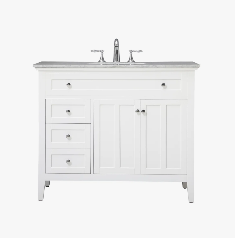 42 Inch White Shaker Single Sink Bathroom Vanity with Carrara Marble Top & 4 Drawers