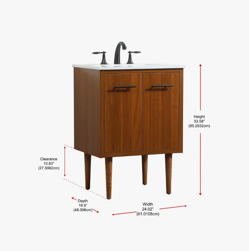 24" Narrow Mid Century Modern Wood Vanity for Powder Room & Guest Bath