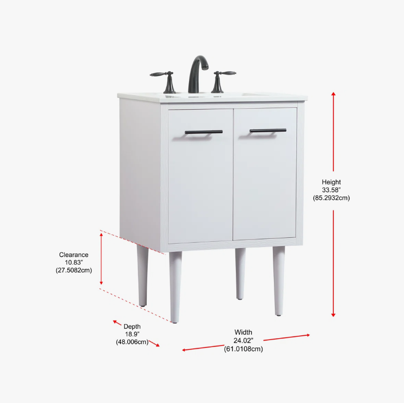 6 24 Inch White Mid-Century Single Sink Bathroom Vanity with White Quartz Top