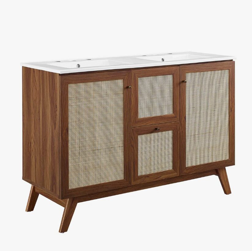 6 48 Inch Walnut Rattan Double Sink Mid-Century Bathroom Vanity with White Quartz Top