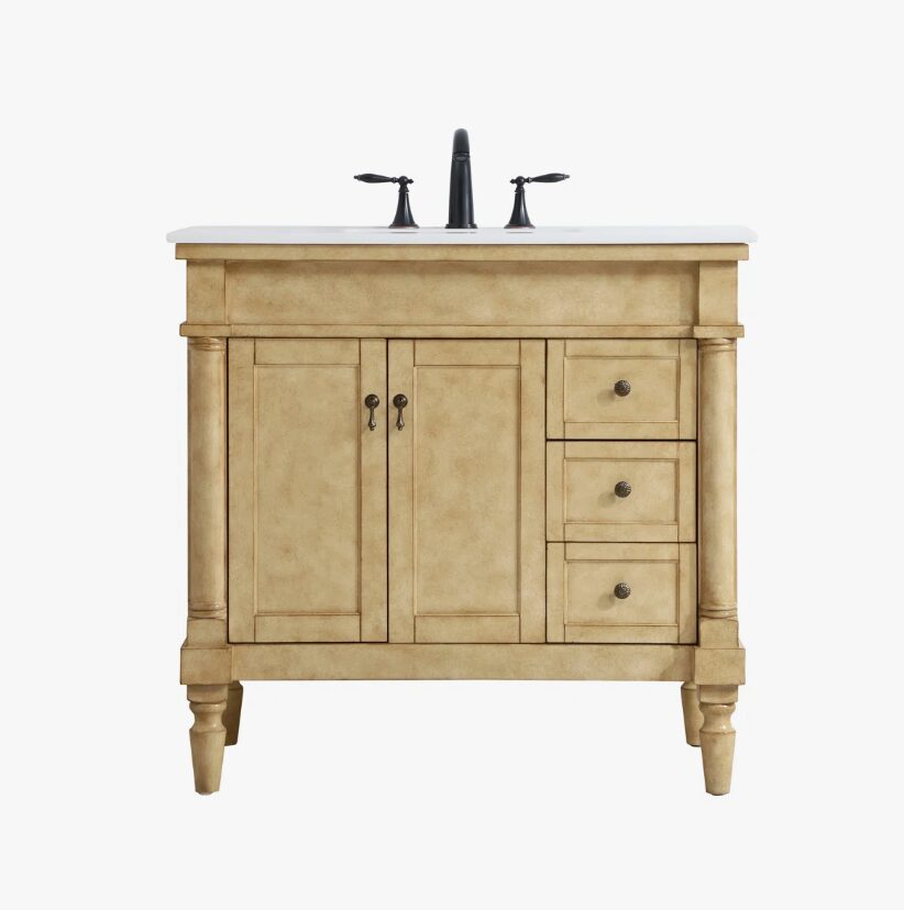 36 Inch Vintage Beige Traditional Single Sink Bathroom Vanity with White Quartz Top