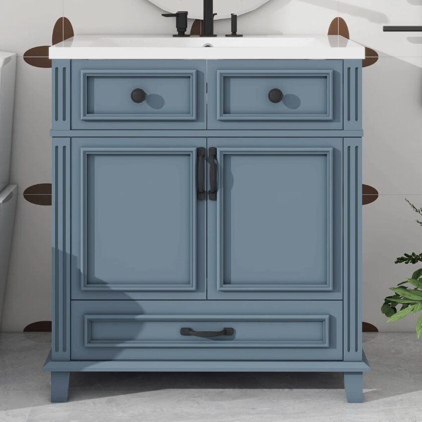 6 Modern Navy Blue Bathroom Vanity Cabinet with Soft Close Doors & Multi Drawer Storage